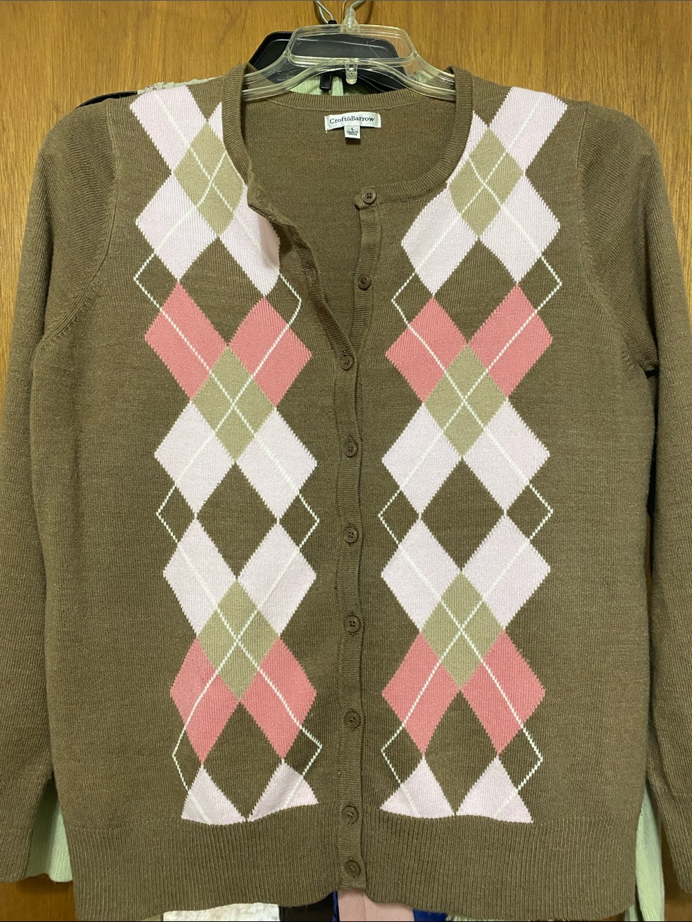 croft & barrow Olive Argyle Button-Up Cardigan with Pink and Cream Accents